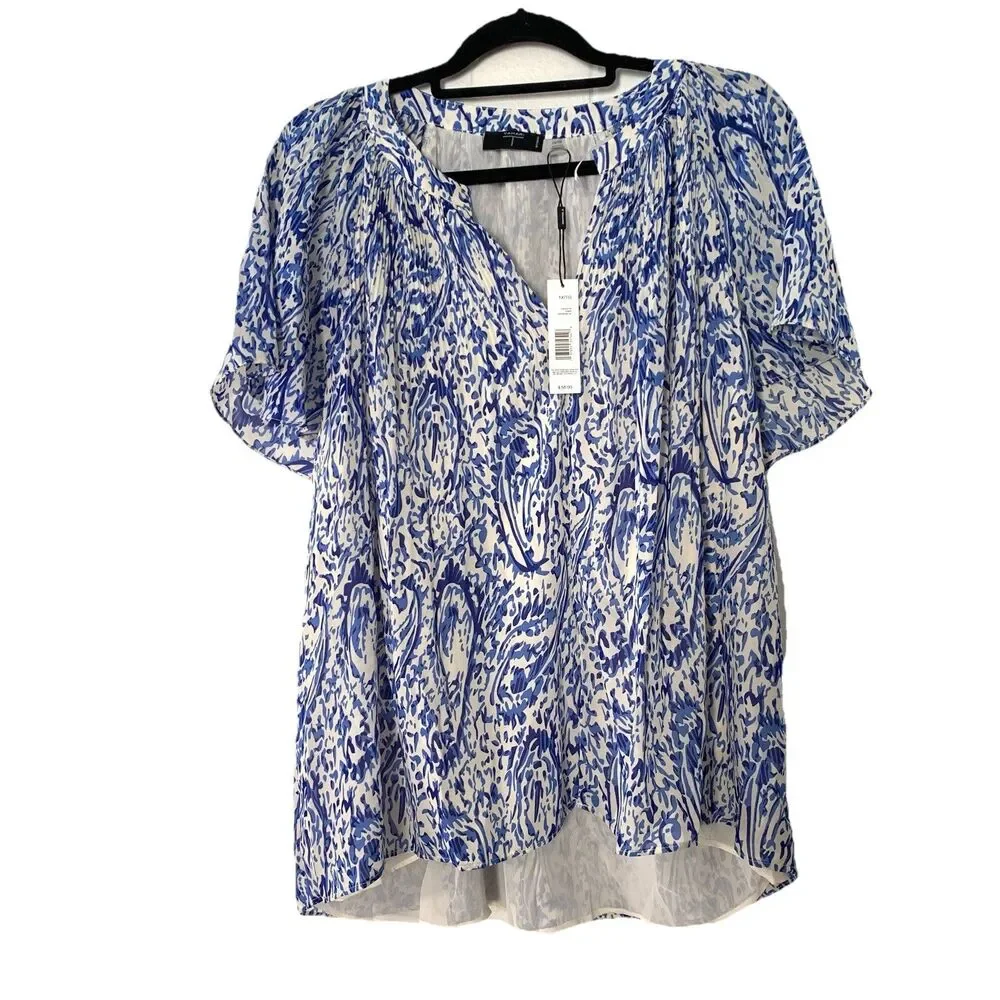 Tahari Womens 1X Shirt Blouse Flowy Flutter Sleeves Blue White Floral NEW‎